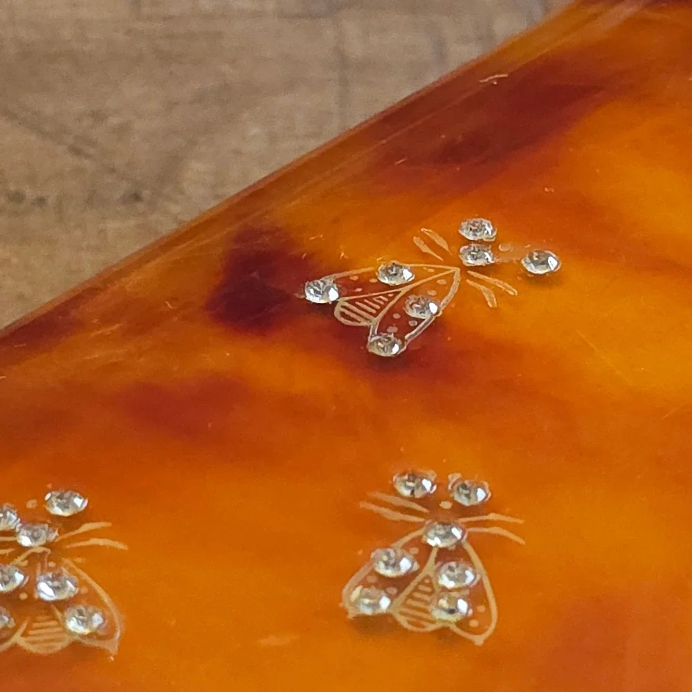 Vintage Ilene New York Faux Tortoise Shell Bee Rhinestone Lucite Clutch Bag 1950